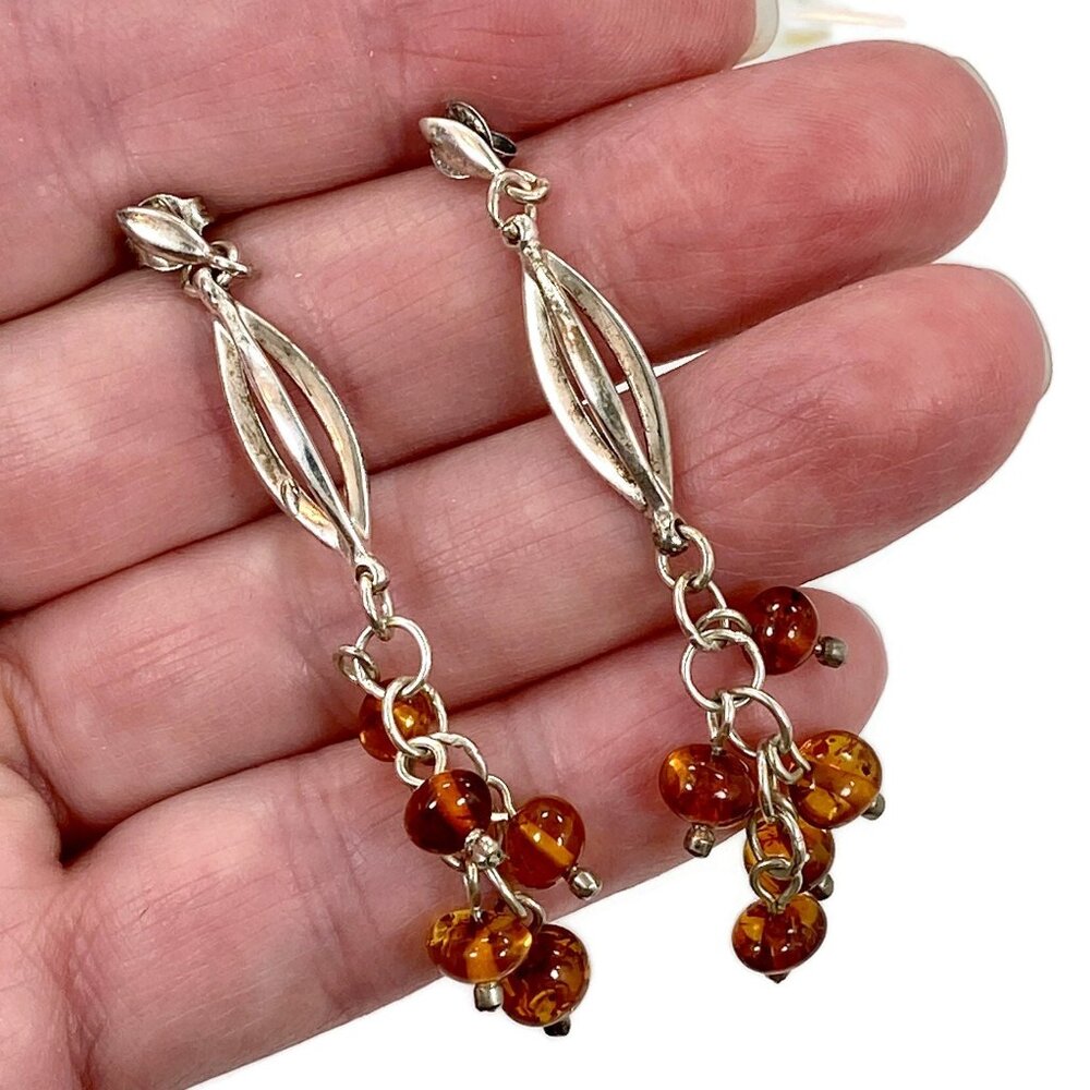 Vintage Honey Amber Sterling Silver Dangle Earrings: Boho Contemporary - Picture 3 of 4